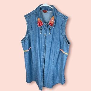 Vintage Denim Vest Crystal Beads Embroidery Extra Large Jacket